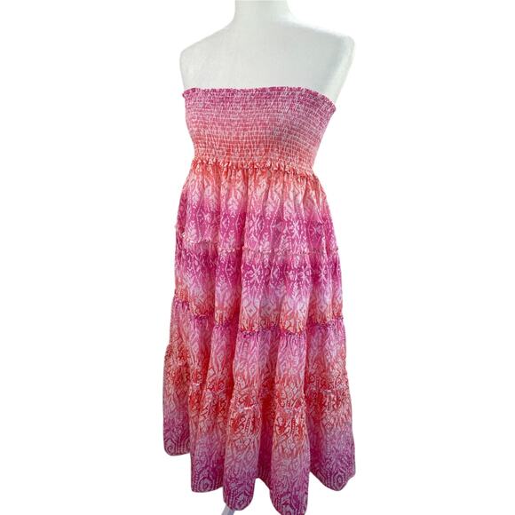 Lauren Ralph Lauren Printed Tiered Strapless Midi Dress Smocked Vacation Sz. L - Picture 2 of 11